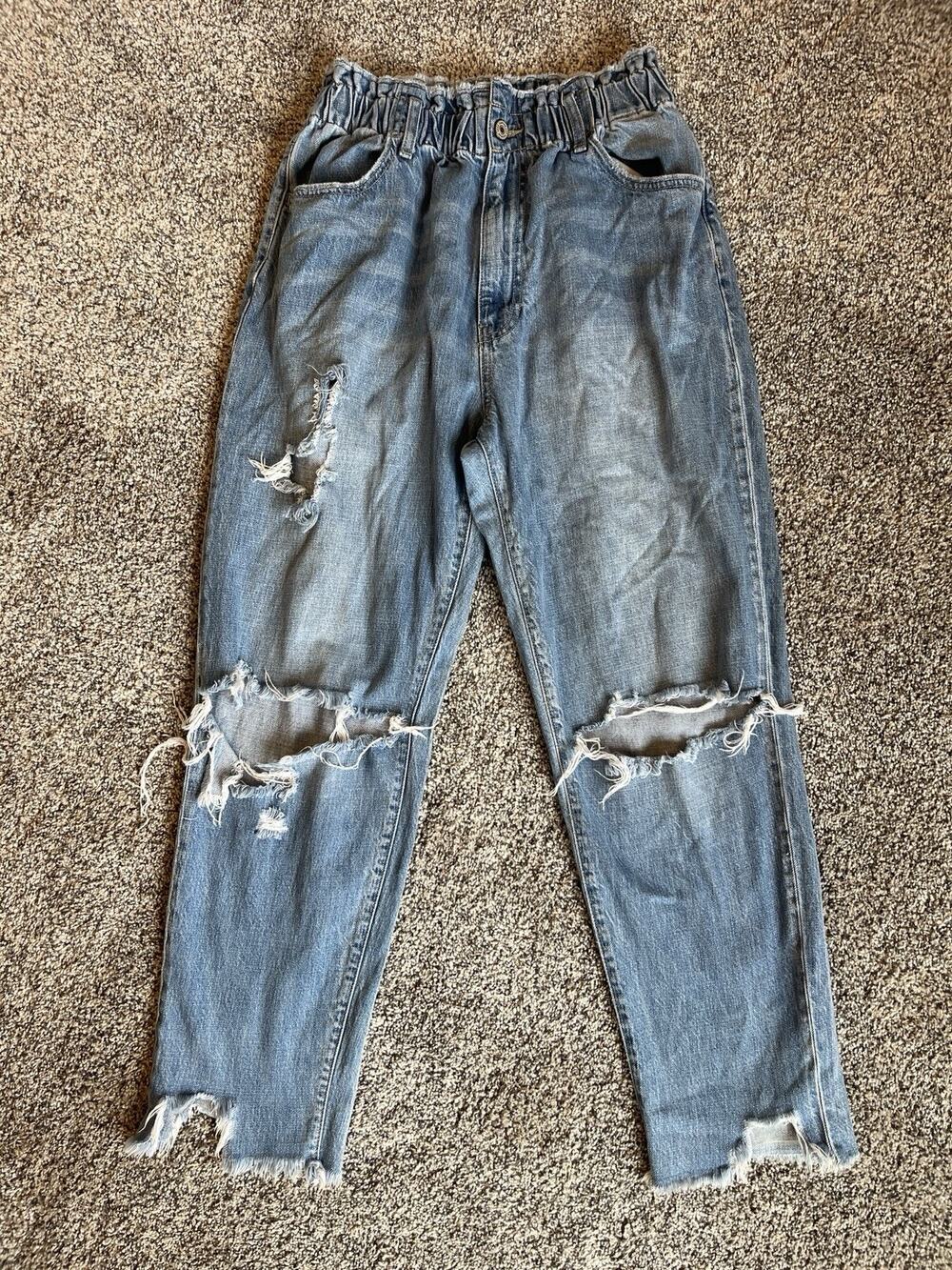 KanCan Women's Sz 13/30 Medium Wash Paperbag Waist Mom Jeans Distressed